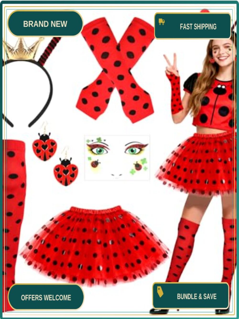 Women's Ladybug Costume Set Tutu Headband Earrings Socks Gloves Halloween